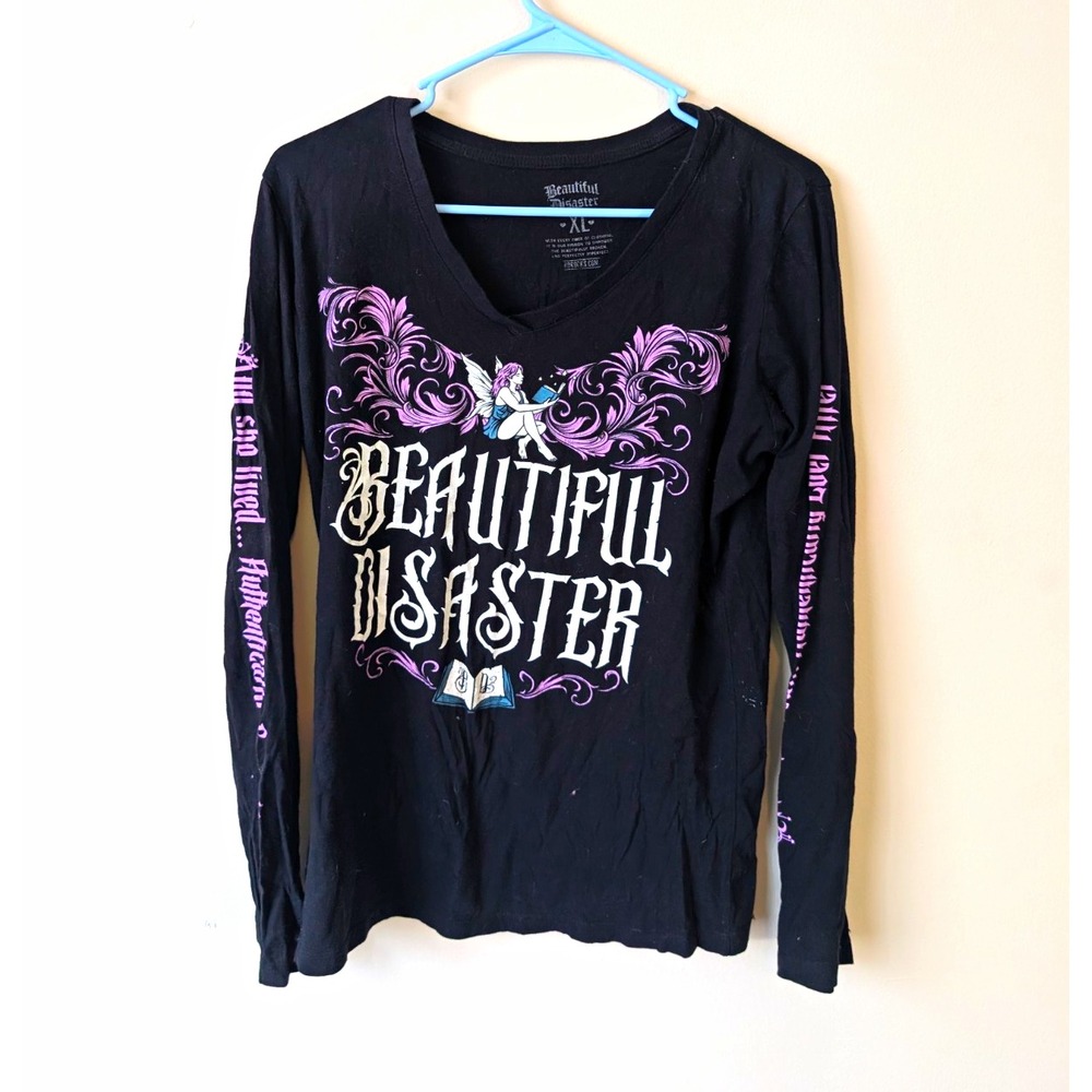 Beautiful Disaster T-Shirt Women's XL Black V-Neck Long Sleeve Angel Graphic